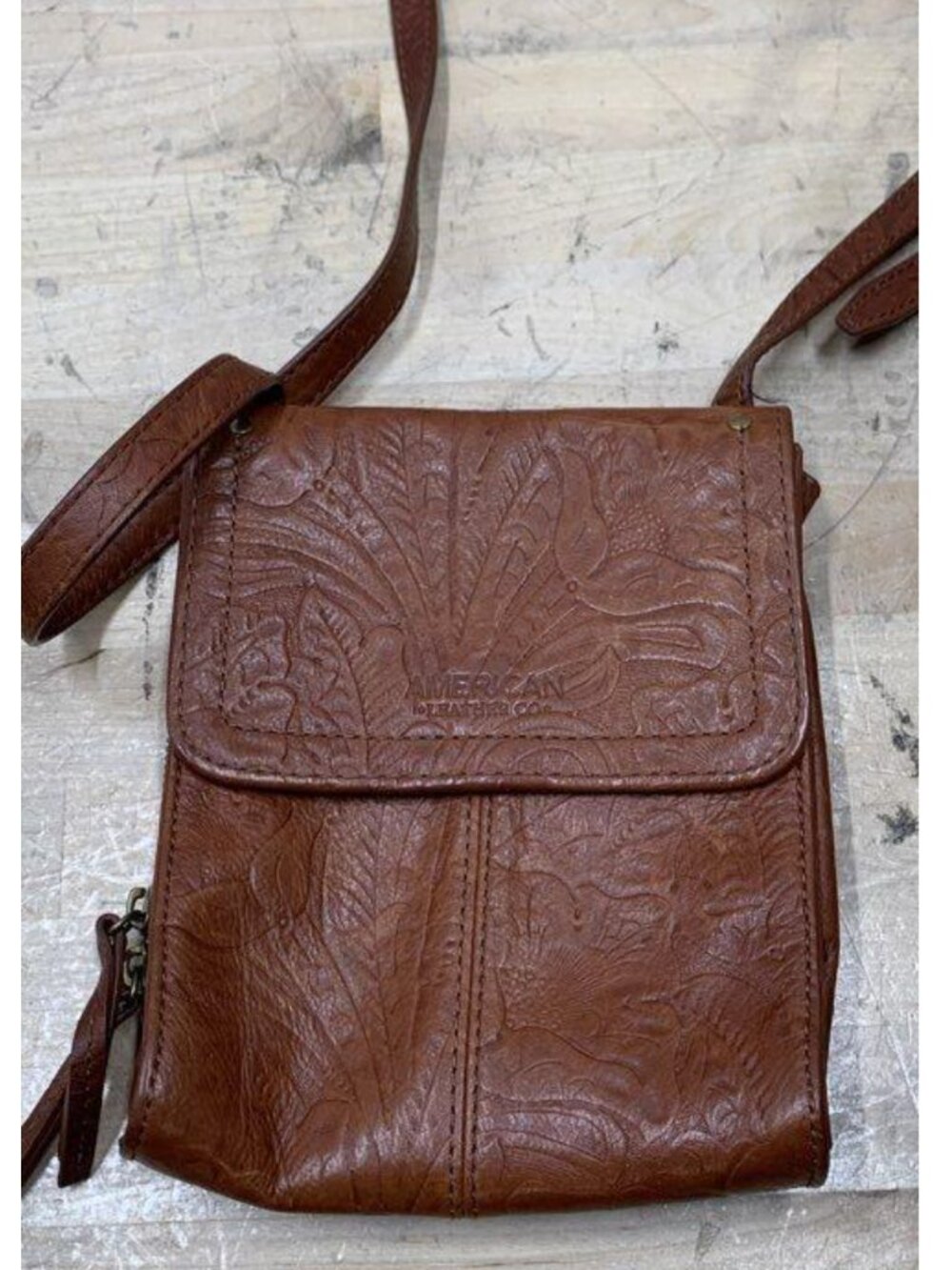 American Leather Co Brown Tooled Floral Embossed Leather Crossbody Bag